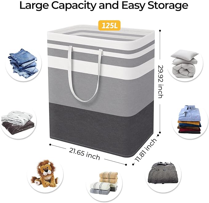 HomeHacks 2-Pack Large Laundry Basket, Waterproof, Freestanding Laundry Hamper, Collapsible Tall Clothes Hamper with Extended Handles for Clothes in The Dorm and Family Gradient Grey, 125L