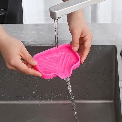 MicoYang Silicone Bathroom Soap Dishes with Drain Spout-Bathroom and Kitchen Sink Organizer,Sponge Holder,Dish Soap Tray,Perfect for Dispenser,Scrubber,Bottle,Cup on Sink or Counter-Rose 4.9"×3.2"