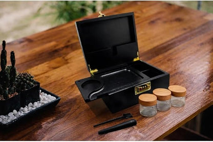 Smell Proof Stash Box with Lock & 5 Piece Accessory Kit – Black Bamboo Organizer with Removable Tray – Large Odor Proof Storage Case for Home or Travel