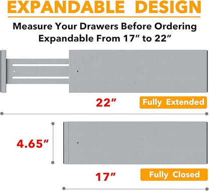 SpaceAid Bamboo Dresser Drawer Dividers 6 Pack, 4.65“ High Adjustable 17“-22” Drawer Organizers, Expandable Organization for Clothing, Clothes, Dressers, Gray