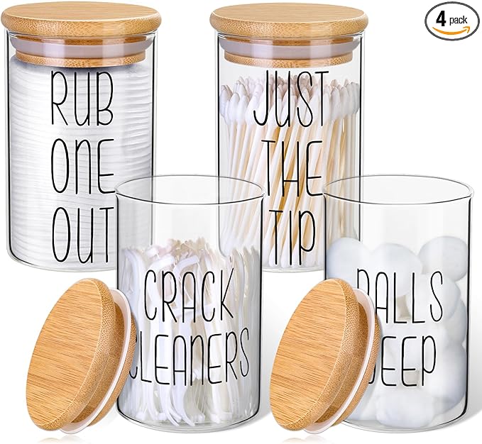 4 Pack Qtip Holder Glass Dispenser with Bamboo Lids for Bathroom Organization, Apothecary Jars for Cotton Ball Holder and Bathroom Canister Storage Great for Cotton Swabs, Balls, Floss, Bathroom Décor