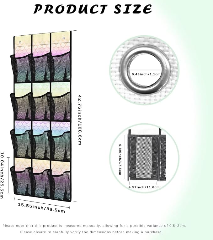 Mermaid 12 Pocket Over the Door Shoe Organizer,Reusable Breathable Large Mesh Bag Men's & Women's Sneaker Organizer,Shoe Organizer for Kids,Hanging Shoe Storage Hanging Bag