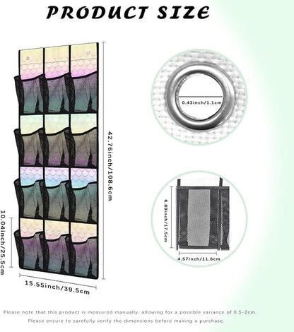 Mermaid 12 Pocket Over the Door Shoe Organizer,Reusable Breathable Large Mesh Bag Men's & Women's Sneaker Organizer,Shoe Organizer for Kids,Hanging Shoe Storage Hanging Bag