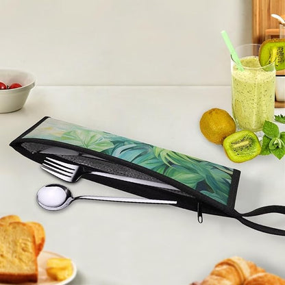 COEQINE Hawaii Style Utensil Holder Green Leave Cutlery Pouch Metal Straws Case With Handle Portable Travel Accessories Work Travel Barbecue，Coconut Tress Tropical Pattern
