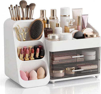 Makeup Organizer with Drawers & Brush Holder for Vanity - Organize Cosmetics Bathroom Countertop Storage Skin care Essentials Dresser, Bathroom, Office Countertop (White)