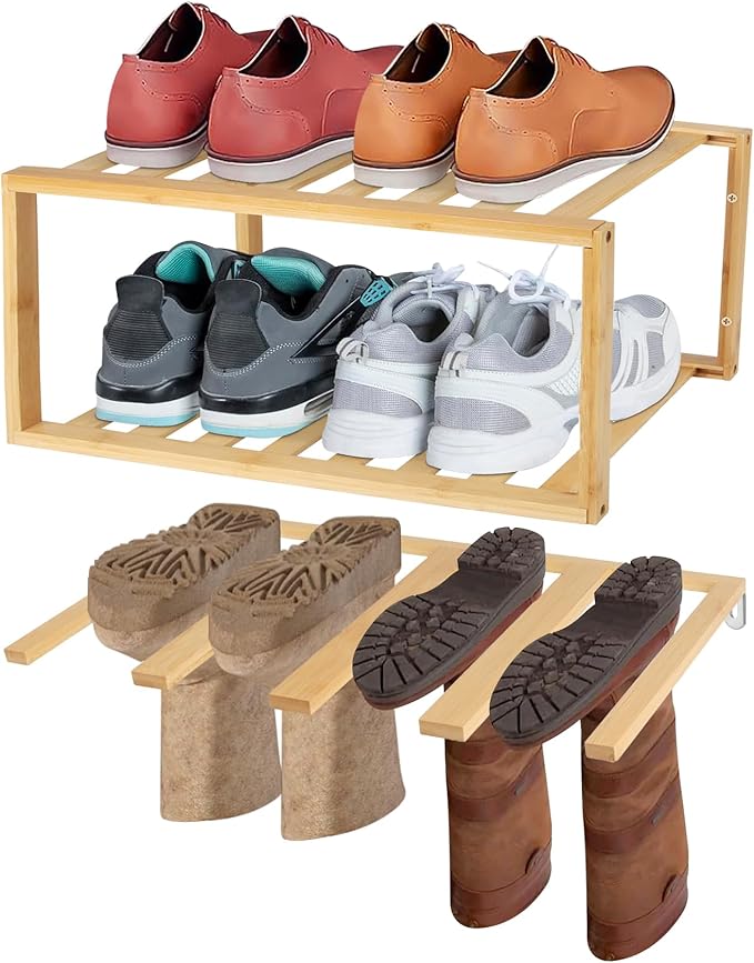 Boot Hangers Hanging Shoe Rack Wall Mounted Floating Tall Boot Holder, Bamboo Wader Organizer 3-Tier Display Shoe Rack, Holds 6 Pairs, for Entryway, Hallway, Bedroom, Garage