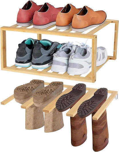 Boot Hangers Hanging Shoe Rack Wall Mounted Floating Tall Boot Holder, Bamboo Wader Organizer 3-Tier Display Shoe Rack, Holds 6 Pairs, for Entryway, Hallway, Bedroom, Garage