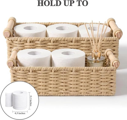 Boho Cotton Rope Storage Baskets Set of 2, Woven Wicker Organizer Bins with Wooden Handles, Small Decorative Boxes for Organizing, Toilet Paper Baskets for Bathroom Countertop, Shelves (Brown 2 Pack)