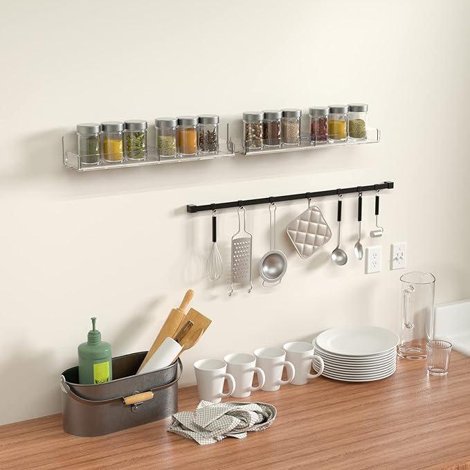 Sezanrpt Acrylic Spice Rack Wall Mount, Hanging Spice Shelf Racks for Seasonings, Kitchen Spice Jars Wall Organizer Storage Holder, 2 Pack