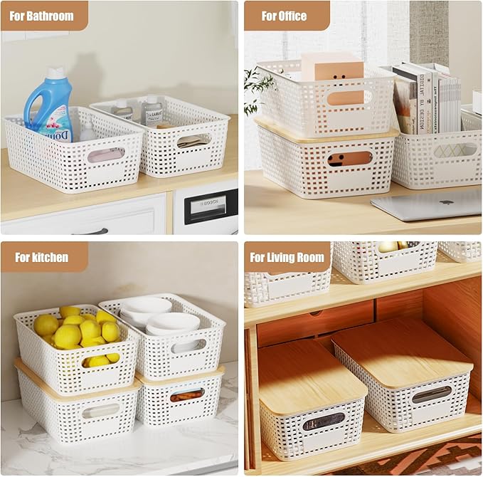 8 Pcs Plastic Storage Bins with Bamboo Lids and Labels 5.29qt Stackable Box Basket Pantry Decorative Containers, Small Storage Baskets for Desktop Shelves Drawers Closets Office Cabinets 10*7.2*4.1"