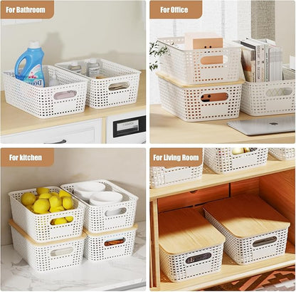 8 Pcs Plastic Storage Bins with Bamboo Lids and Labels 5.29qt Stackable Box Basket Pantry Decorative Containers, Small Storage Baskets for Desktop Shelves Drawers Closets Office Cabinets 10*7.2*4.1"