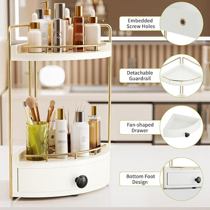 2-Tier Corner Bathroom Counter Organizer with Drawer & Embedded Screw Holes - Wooden Countertop Organizers for Skincare, Makeup Storage, Bathroom Sink Counter Shelf for Vanity, Kitchen, White Gold