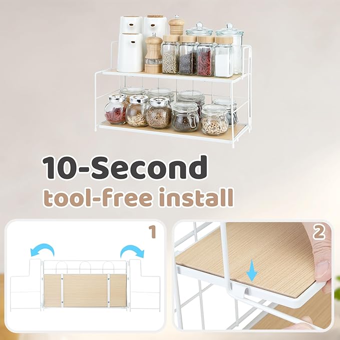 Edergoo Bathroom Counter Organizer 10s Tool-Free Install, 2 Tier Bathroom Organizers and Storage, Collapsible Bathroom Organizer Countertop, Wood Bathroom Kitchen Countertop Organizer, White