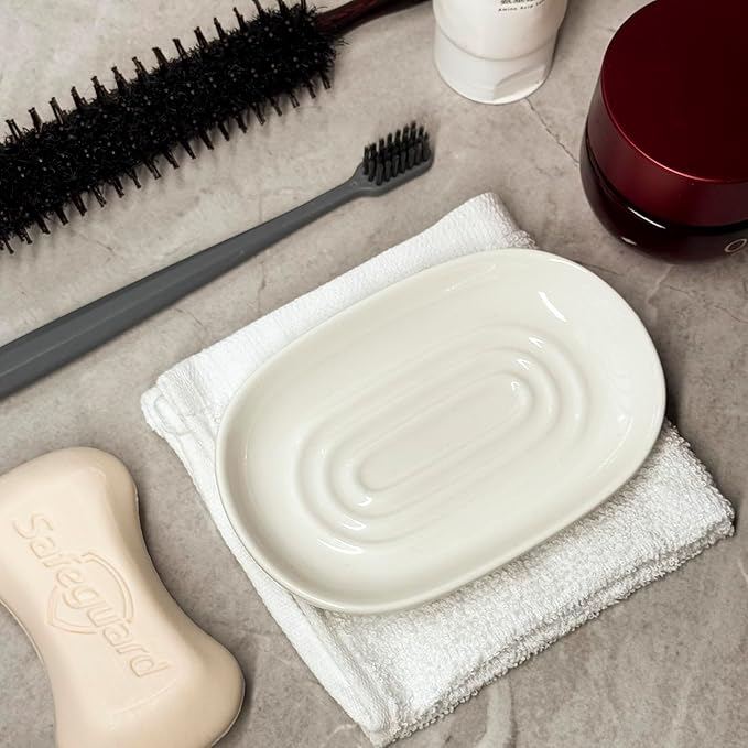 Ceramic Marble Pattern Soap Dish, Textured Raised Soap Saver Tray for Shower Bathroom Kitchen Sink Vanity, Easy to Clean Multi-Use Holder for Bar Soap Jewelry Rings Keys, White (1 Pack)