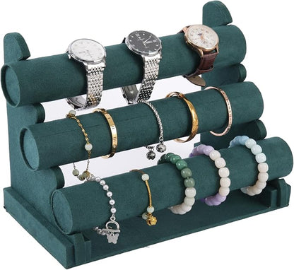 3 Tier Bracelet Holder Organizer, Velvet Bracelet Display Stand for Selling, Detachable Watch Organizer Racks(Green)