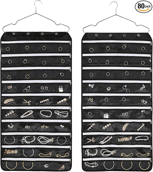 Hanging Jewelry Organizer Storage Roll 80 Zippered Pockets with Detachable Hanger Double-Sided Foldable, Travel Jewelry Holder for Earrings, Rings, Bracelets, Hanging on Closet, Wall, Door, Black