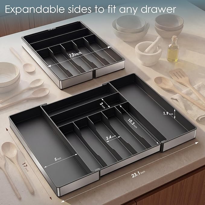 Extra Large Silverware Organizer, 9 Slot Expandable Kitchen Drawer Organizer, Utensil Holder, Heavy Duty Stainless Steel Frame Silverware Drawer Organizer, 8 Non-Slip Feet Included, BPA Free, Black