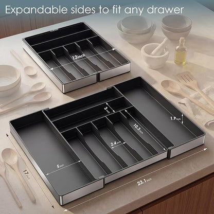 Extra Large Silverware Organizer, 9 Slot Expandable Kitchen Drawer Organizer, Utensil Holder, Heavy Duty Stainless Steel Frame Silverware Drawer Organizer, 8 Non-Slip Feet Included, BPA Free, Black