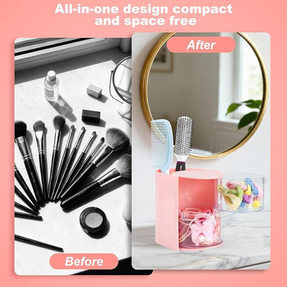 Luscinia Hair Accessories Organizer with Hair Brush Holder, Rotatable Makeup Brush and Jewelry Storage Box for Hair Clips, Earrings, Necklaces, Bracelets, Rings, and Daily Accessories (Pink, 2-Layer)