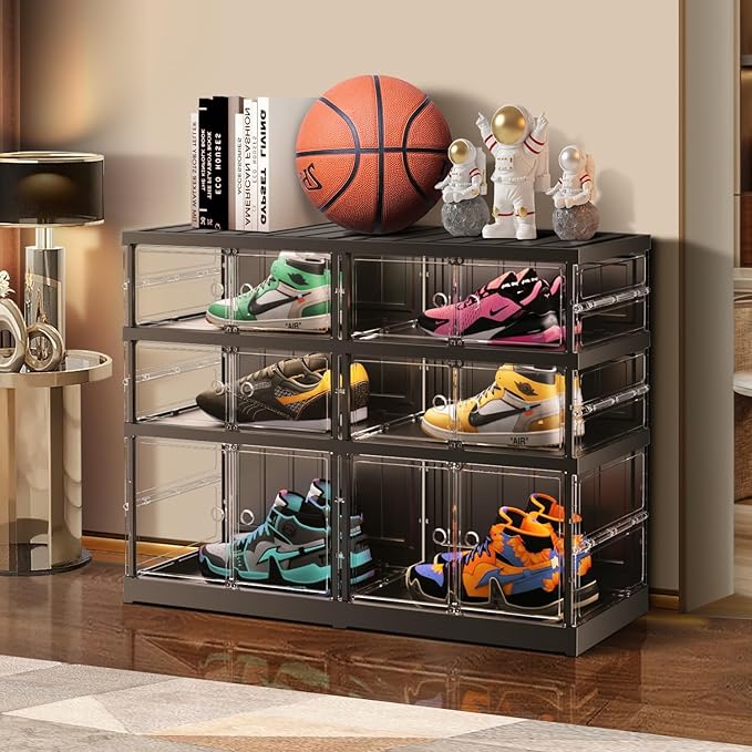 EHAMILY 3 Tiers 6-12 Pairs Foldable Shoe Rack for Closet Plastic Stackable Shoe Boxes for Garage Collapsible Shoes Shelf with Doors Storage Organizer Cabinet Quick Assembly,Black