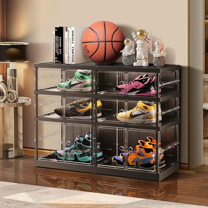 EHAMILY 3 Tiers 6-12 Pairs Foldable Shoe Rack for Closet Plastic Stackable Shoe Boxes for Garage Collapsible Shoes Shelf with Doors Storage Organizer Cabinet Quick Assembly,Black