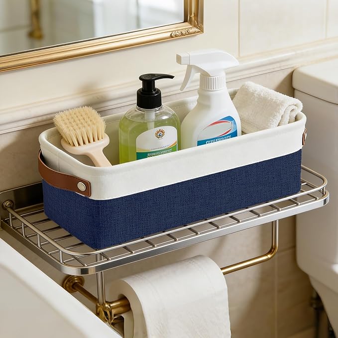 Bagnizer Small Fabric Storage Baskets, 15x6x5 inch Narrow Storage Bins 4-Pack Long Storage Basket for Organizing with Handles, Decorative Basket for Closets, Shelves, Toilet Paper, Navyblue