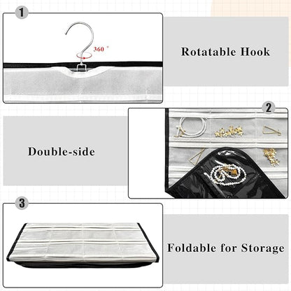 2 Pack Hanging Jewelry Organizer 80-Pocket Dual-sided Jewelry Storage for Earring Necklace Bracelet Ring Travel Holder, Black and White