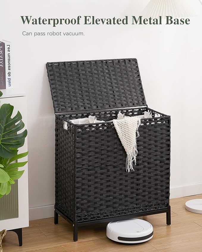 SETVSON Laundry Hamper with Lid 132 L, (35 Gallons) Clothes Hamper with Lid, Handwoven Rattan Laundry Hamper with Metal Heightened Feet, Laundry Hampers with 3 Removable Liner Bags for Laundry-Black