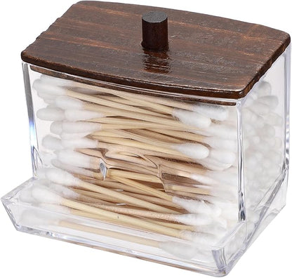 Hipiwe Clear Acrylic Qtip Holder Apothecary Jar with Wood Lid Cotton Ball and Swab Organizer Bathroom Accessories Canister Paperclip Organizer for Cotton Round Pads, Floss Picks