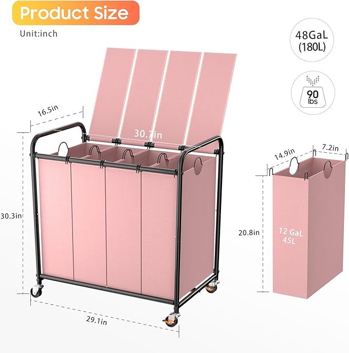 Laundry Sorter 4 Sections 48 Gal, Rolling Laundry Basket with Lockable Wheels and Lid, Laundry Hamper with 4 Separated Removable Bags Dirty Clothes Hamper for Laundry Room Organizer, Pink