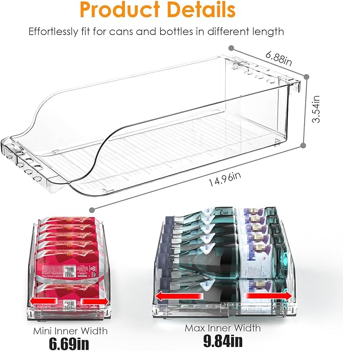 Soda Can Organizer for Refrigerator, Set of 4 Stackable Drink Organizer for Fridge, Freezer, Kitchen, Countertop, Soda Can Dispenser Beverage Holder, Clear Design