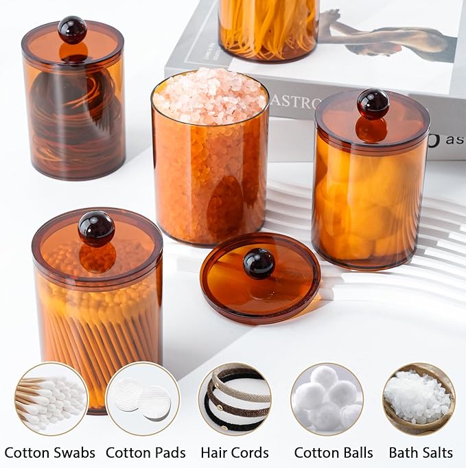 XIPENGKEJI 4 Pack Qtip Holder,Canister Apothecary Jar Set, Bathroom Jars with Lids Set for Cotton Swabs, Balls, Pads, Floss Picks,10oz-12oz Plastic Canisters Restroom Bedroom Vanity Organizer(Brown)