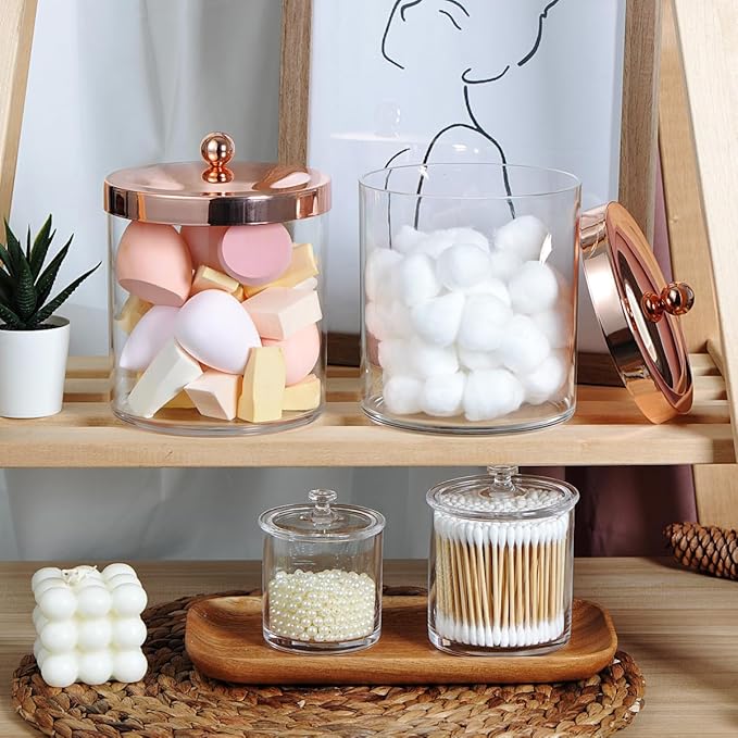 SheeChung 2-Pack Plastic Apothecary Jars with Rose Gold Metal Lids - 25oz & 15oz Clear Acrylic Qtip Holder Set - Shatterproof Bathroom Vanity Organizer for Cotton Balls, Swabs, Pads - Luxury Decor