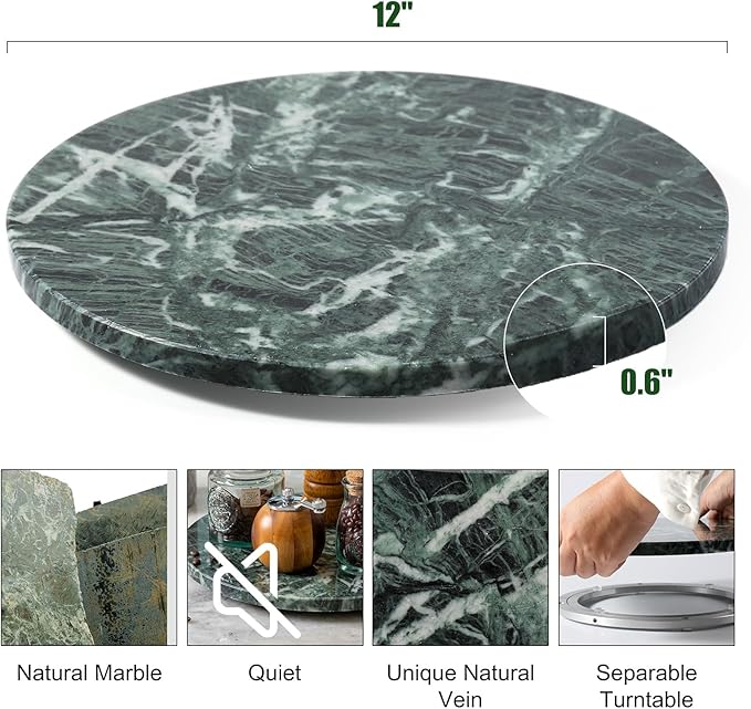 12" Marble Lazy Susan Turntable - 100% Natural Stone Round Serving Tray with Silent Spinning, Revolving Cake Stand & Cheese Board for Kitchen Countertop, Cupcake Table Display, Food, Seasoning (Green)