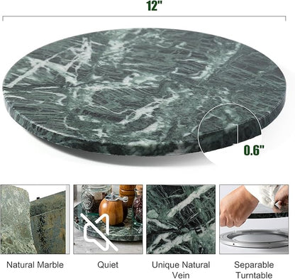 12" Marble Lazy Susan Turntable - 100% Natural Stone Round Serving Tray with Silent Spinning, Revolving Cake Stand & Cheese Board for Kitchen Countertop, Cupcake Table Display, Food, Seasoning (Green)