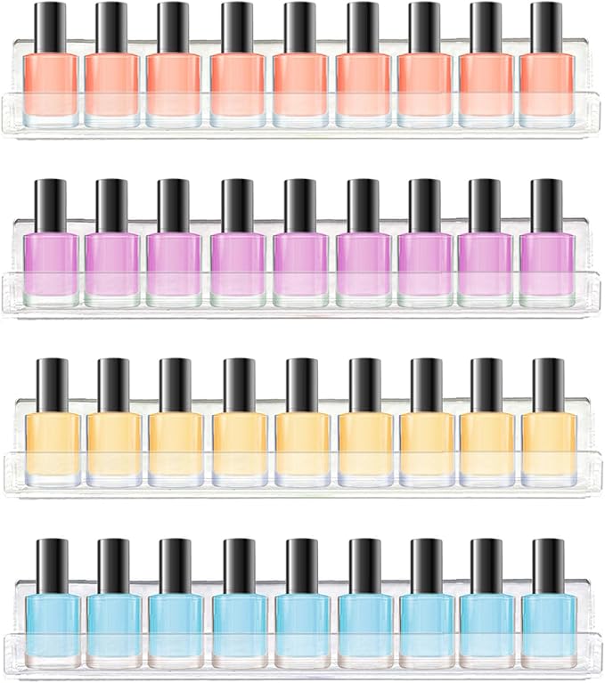 ROYALITA 4-Pack Acrylic Shelves - Nail Polish Organizer Wall Mounted Shelves, Nail Polish Rack with Removable Anti-Slip End Inserts, Nail Polish Holder for Bottles Nail Polish Display & Storage Shelf