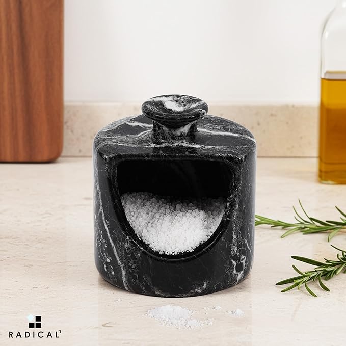 Radicaln Marble Salt Cellar 4.5" Inch Black Handmade Salt Jar & Table Pig Salt Cellar Storage For Kitchen Countertop, Ideal Salt Container, Salt Dish & Sugar Bowl For Table