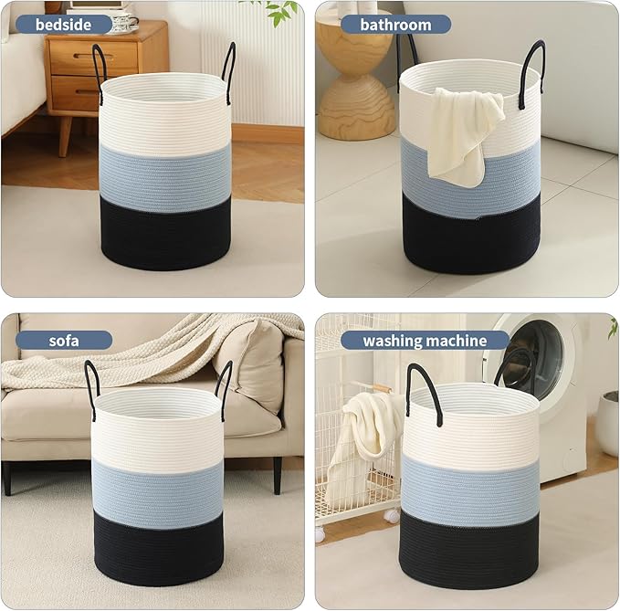 Laundry Basket Hamper Tall Rope Storage Woven for Blanket toys Dirty Clothes in Living Room Bathroom Bedroom (Gradient Blue, 100L/26.4Gal)