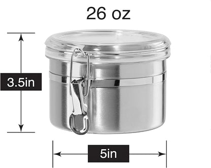 Oggi Stainless Steel Kitchen Canister 26 fl oz - Airtight Clamp Lid, Clear See-Thru Top - Ideal for Kitchen Storage, Food Storage, Pantry Storage. Size 5" x 3.5".