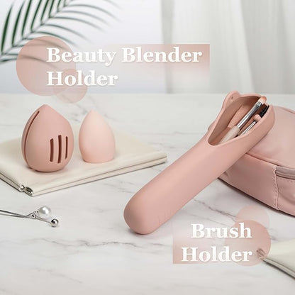 Bpluma Silicone Makeup Brush and Beauty Blender Holder, Half open Snap Design, Washable Powder Puff Case For Travel Business