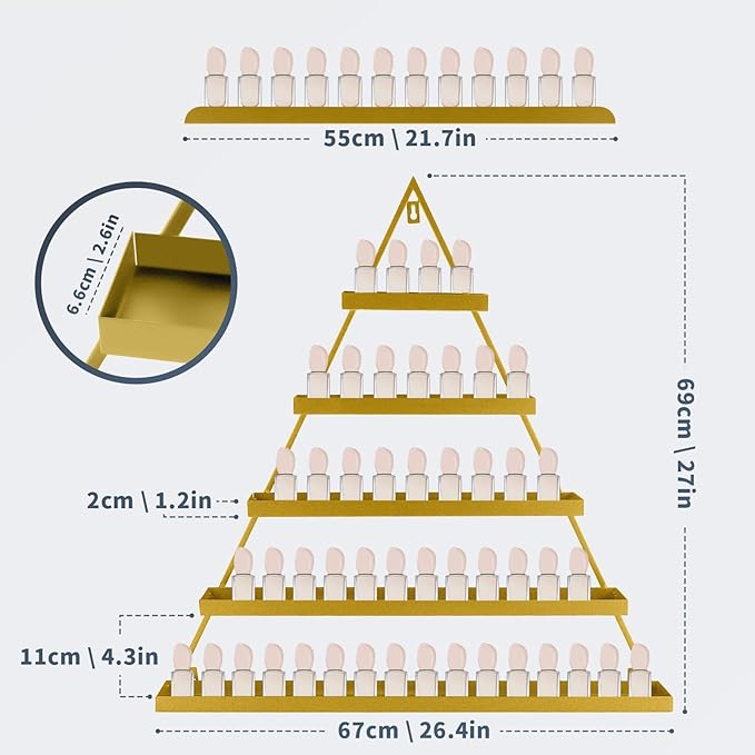 10 Packs Metal Nail Polish Storage Racks, 5 Tiers Wall-Mounted Triangular Display Rack Cosmetic Display Cases, Nail Polish & Lipstick Display Rack Perfume Organizer for Home Spas Salons (Gold)