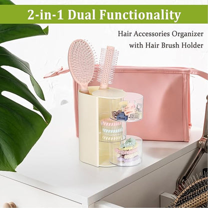 Plastic Hair Accessories Organizer with Hair Brush Holder Spinning Makeup Storage Container for Vanity Bathroom Countertop, 3-Layer Yellow