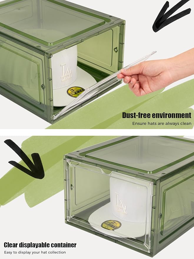 SCAVATA 6 Pack Hat Organizer Box, Stackable Clear Baseball Caps Holder Box Containers with Magnetic Door for Hats Snapback Cap Storag, Hat Rack Display Case, Holds 8 Hats Each (Green)