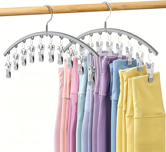 Volnamal Legging Organizer for Closet, Metal Yoga Pants Hanger w/Rubber Coated 2 Pack w/10 Clips Hold 20 Leggings, Hangers Space Saving Hanging Closet Organizer for Closet Organizers and Storage-Grey