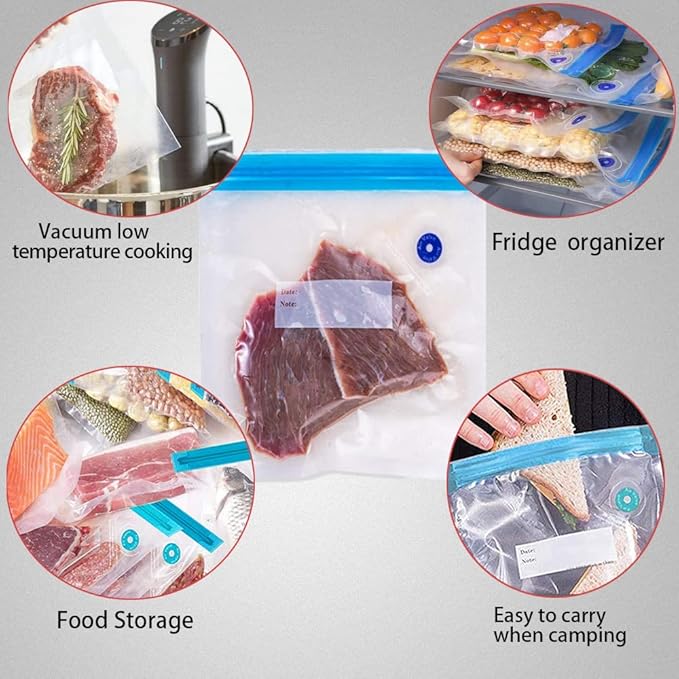 Sous Vide Bags 22 Pack Reusable Vacuum Food Storage Bags Kit, with 3 Sizes Vacuum Food Bags,1 Hand Pump, 4 Sealing Clips for Food Storage and Sous Vide Cooking