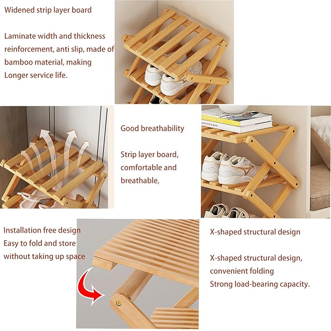Shoe Racks, Bamboo Foldable Shoes Organizer Free Standing Shelf for Entryway, Closet, Bedroom, Hallway, | Natural | Functional | Multifunctional Shoe Rack ([Wood Color] 6 Layers)