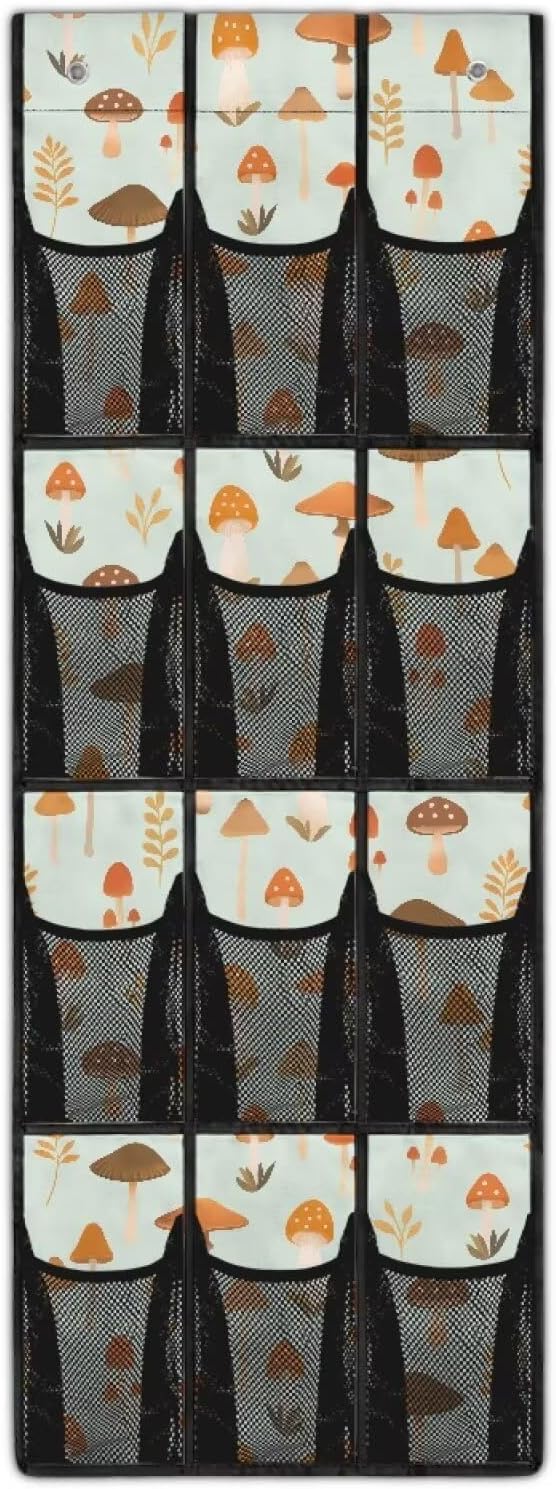 Mushroom Print Over the Door Shoe Organizer 12 Large Mesh Pockets Shoe Rack for Door Foldable Hanger Storage Holder for Dorm Bedroom