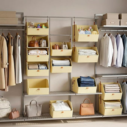 Hanging Closet Organizer 4 Tier 2 Pack with 8 Detachable Bins, Clothes Hanging Shelves, Space-Saving Collapsible Closet Storage System for Bedroom, Dorm, RV, Beige