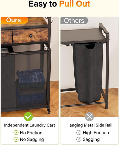 Laundry Sorter 4 Section: Laundry Hamper Basket with Shelf and Wheels - Rolling Laundry Basket Organizer with Fabric Drawers and Pull-Out Cart - Clothes Hamper for Laundry Room Bathroom Bedroom