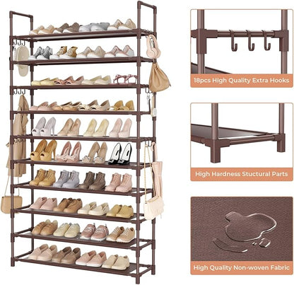 LANTEFUL Tall Shoe Rack 10 Tier Shoe Organizer Large Shoe Shelf with 18 Hooks Storage for 50 Pair Sneaker and Boot, Stackable Vertical Shoe Rack Organizer for Closet, Entryway, Bedroom, Brown